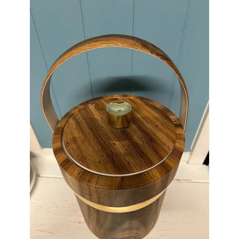 Vintage Mid Century Modern Wood Grain Ice Bucket Gold Trim MCM Barware